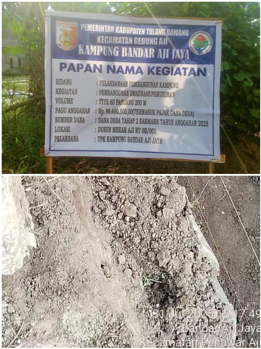 Diduga Asal Asalan Pembangunan Drainase  Dikampung Bandar Aji Jaya